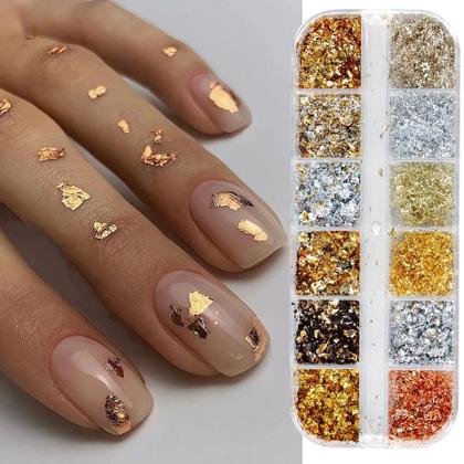 Imagem de Flocos De Alumínio Com Glitter Dourado Em 12 Cores Para Decoração De Unhas, Chips De Paillette Para