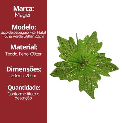 Imagem de Flor Bico de Papagaio Pick Natal Glitter Lantejoulas Verde 20cm - Magizi