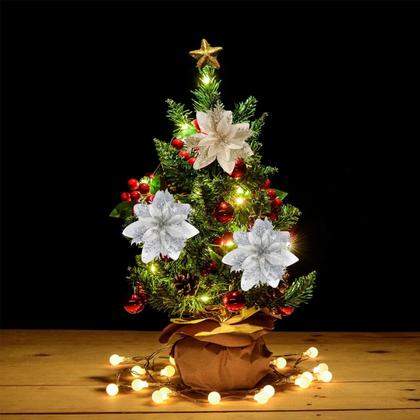 Imagem de Flores de Poinsétia Artificial com Glitter (10/5 Peças) - 15cm - Decoração de Natal