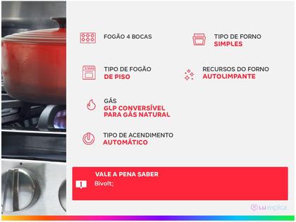 Imagem de Fogão 4 Bocas Esmaltec Prata Mesa de Vidro Agata Glass