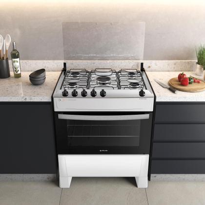 Fogão 5 Bocas Branco com Mesa Inox Atlas Atenas Bivolt - Atlas Eletrodomésticos Imagem de Fogão 5 Bocas Branco com Mesa Inox Atlas Atenas Bivolt