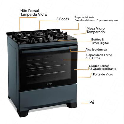 Imagem de Fogão 5 Bocas Dako Supreme Glass Titanium Timer Digital Bivolt