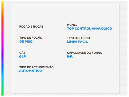 Imagem de Fogão 5 Bocas Esmaltec Preto Mesa de Vidro Esmaltec Ideal Top Glass