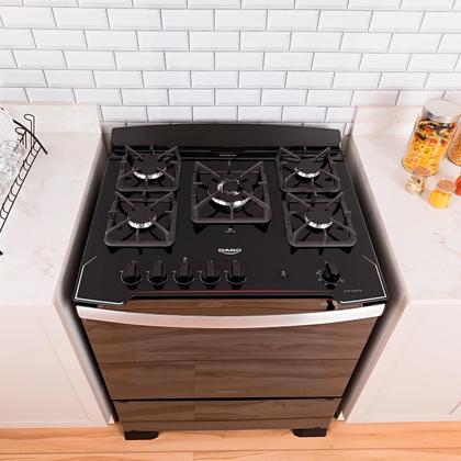 Imagem de Fogão 5 Bocas Preto com Tripla Chama Dako Diplomata Mesa de Vidro