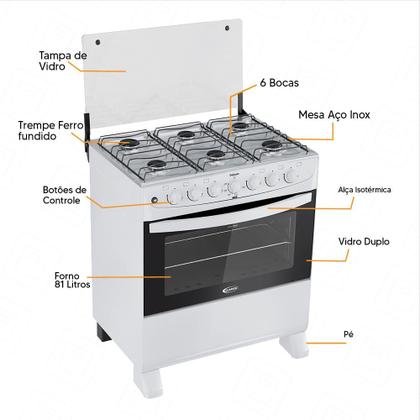 Imagem de Fogão a Gás Clarice Delicato Plus 6 Bocas Mesa Inox Easy Clean-Bivolt