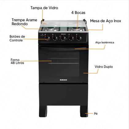 Imagem de Fogão à Gás Itatiaia Star Clean New 4 Bocas Mesa Inox Forno 48L-Preto