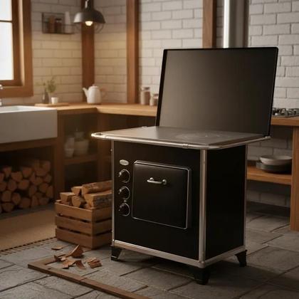 Imagem de Fogão A Gás Modelo A Lenha Preto Para Apartamento e Casa