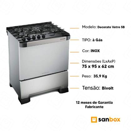 Imagem de Fogão á Gás Mueller 5 bocas Decorato Vetro Inox com Timer-Bivolt
