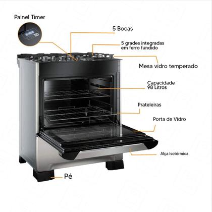 Imagem de Fogão á Gás Mueller 5 bocas Decorato Vetro Inox com Timer-Bivolt