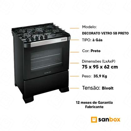 Imagem de Fogão á Gás Mueller 5 bocas Decorato Vetro Preto Mesa de vidro-Bivolt