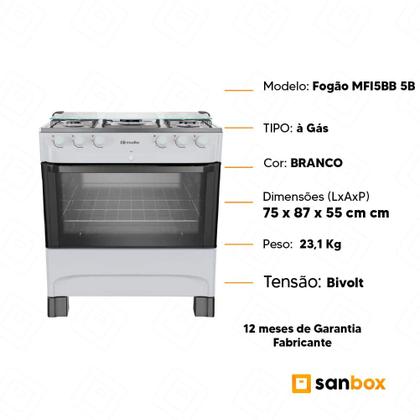 Imagem de Fogão à Gás Mueller MFI5BB 5B Mesa Inox Forno 81,6L Branco-Bivolt