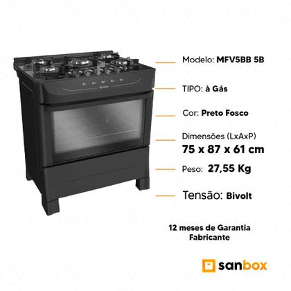 Imagem de Fogão a Gás Mueller MFV5BB 5 Bocas Preto Fosco Mesa de Vidro - Bivolt