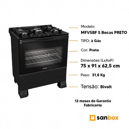 Imagem de Fogão a Gás Mueller MFV5BF 5 Bocas Mesa de Vidro Preto Fosco - Bivolt