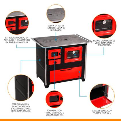 Imagem de Fogão a Lenha com Forno D 99 x 66 Cm Caixa de Lenha Prime Box Aço Inox Preto Vermelho - Hidro