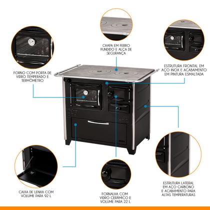 Imagem de Fogão a Lenha com Forno E 99 x 66 Cm Caixa de Lenha Prime Box Aço Inox Preto - Hidro