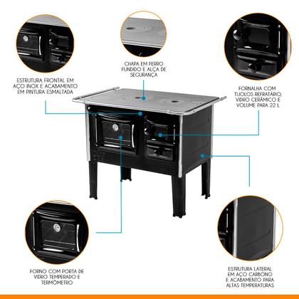 Imagem de Fogão a Lenha com Forno E 99 x 79 cm Porta de Vidro Termômetro H-Prime Aço Inox Preto - Hidro