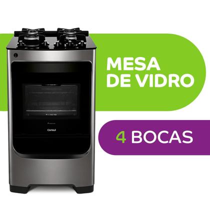 Imagem de Fogão Consul 4 bocas cor Inox com mesa de vidro e grade de ferro fundido - CFO4VAR
