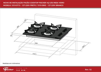 Imagem de Fogão Cooktop 4 Bocas Á Gás Fischer Mesa Vidro Preto