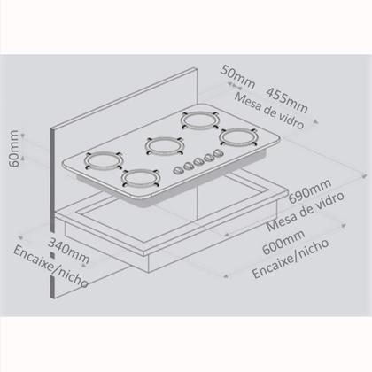 Imagem de Fogão Cooktop 5 Bocas a Gás Ultra Chama 127V/220V Bivolt Acendimento Automático Vidro Temperado Braslar