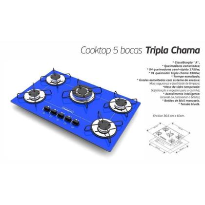 Imagem de Fogão Cooktop 5 Bocas Chamalux Tripla Chama Premium Bivolt