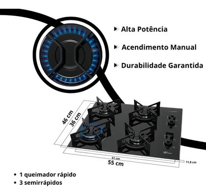 Imagem de Fogão Cooktop De Embutir 4 Bocas A Gás Chama Rápida Fischer PRETO BIVOLT