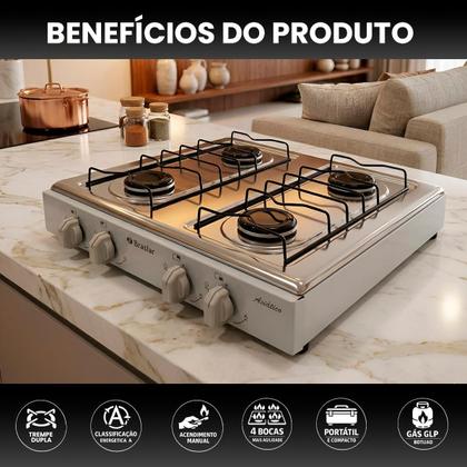 Imagem de Fogão Cooktop De Mesa Portátil A Gás 4 Bocas Braslar