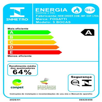 Imagem de Fogão Cooktop Fogatti Ori 5 Bocas Vidro Preto Bivolt