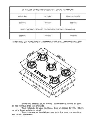 Imagem de Fogão Cooktop Gás 5 Bocas Ultra Chama 127v/220v Mesclado