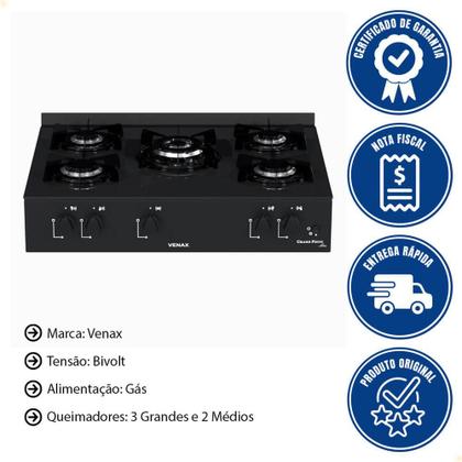 Imagem de Fogão De Mesa 5 Bocas Venax Grand Petit Line Preto Gás GLP Automático Bivolt 26007