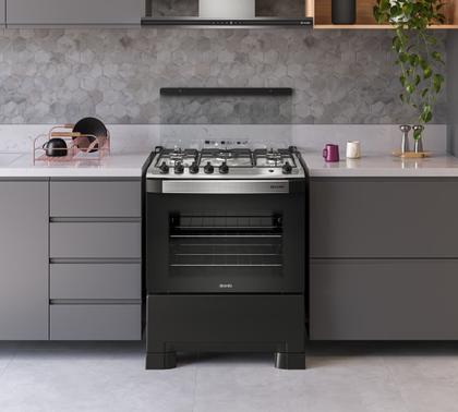 Imagem de Fogão de Piso 5 Bocas Tripla Chama Com Mesa em Inox Mueller Decorato Preto Fosco