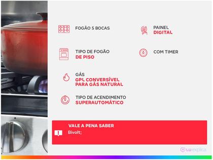 Imagem de Fogão de Piso Brastemp 5 Bocas Mesa de Vidro e Turbo com Forno 96 Litros Bivolt Inox