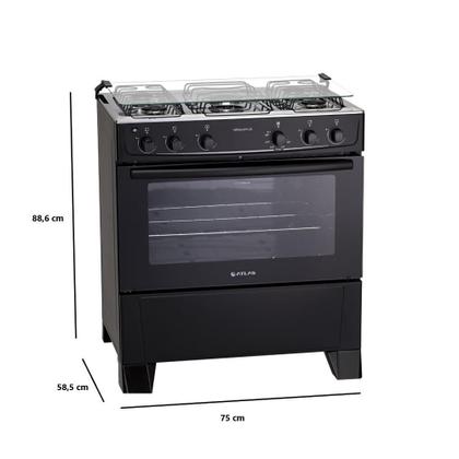 Imagem de Fogão de Piso Gás 5 Bocas Mesa de Inox Tampa Vidro Forno Cozinha Moderna Atlas Mônaco Preto