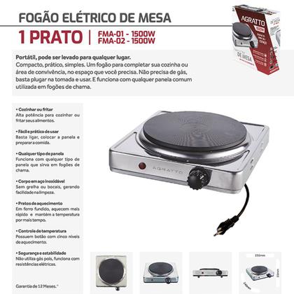 Imagem de Fogão Elétrico de Mesa 1  Boca Portátil 1500w Inox Agratto 