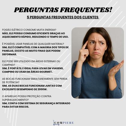 Imagem de Fogão Elétrico Portátil 2 Bocas 2000W 220V Compacto Preto Cozinha Sem Gás Kitnet Camping