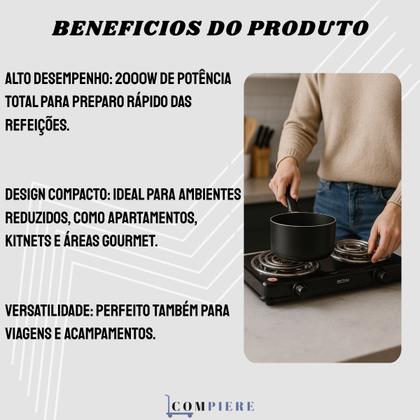 Imagem de Fogão Elétrico Portátil 2 Bocas 2000W 220V Compacto Preto Cozinha Sem Gás Kitnet Camping