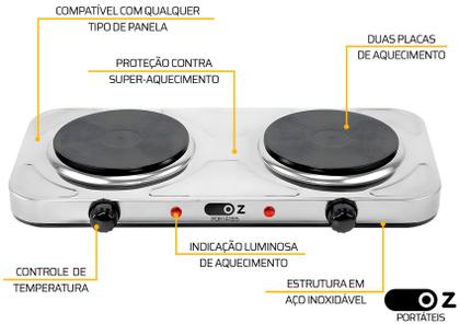 Imagem de Fogão Elétrico Portátil De Mesa Cooktop 2 Bocas 2000w Aço Inoxidável Fe2000 127V Oz