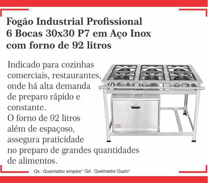 Imagem de Fogão Industrial 6 Bocas 30x30 em Aço Inox com Forno Leona