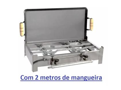 Imagem de Fogão Inox Fogareiro 2 Bocas + Chapa Bife 2 Metros Mangueira (38C1)