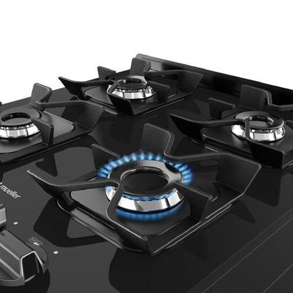 Imagem de Fogao Mueller 4 Bocas Preto Bivolt Mesa De Vidro Grades Ferro Fundido MFV4BF