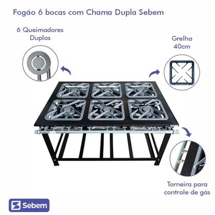 Imagem de Fogão Profissional Industrial 6 Bocas com Chama Dupla Grelhas de 40x40 para Panelas Grandes Sebem