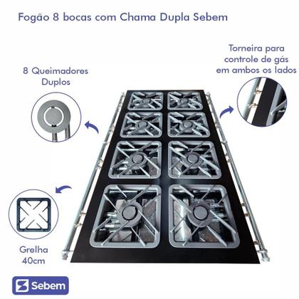 Imagem de Fogão Profissional Industrial 8 Bocas com Chama Dupla Grelhas de 40x40 para Panelas Grandes Sebem