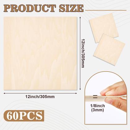 Imagem de Folhas de madeira balsa MITINU, pacote com 60 unidades, 30 x 30 cm, 3 mm de espessura