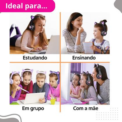 Imagem de Fone Bluetooth Gatinho Rosa LED Infantil com Design Ergonômico