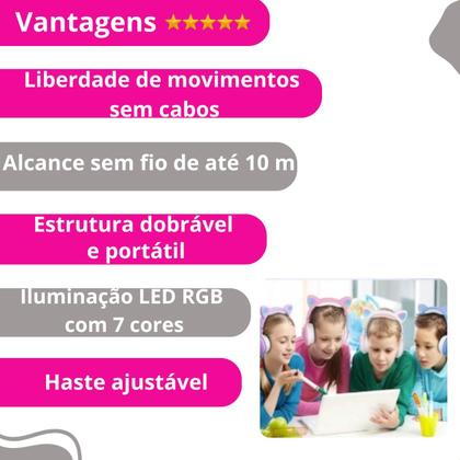 Imagem de Fone Bluetooth Gatinho Rosa LED Infantil com Design Ergonômico