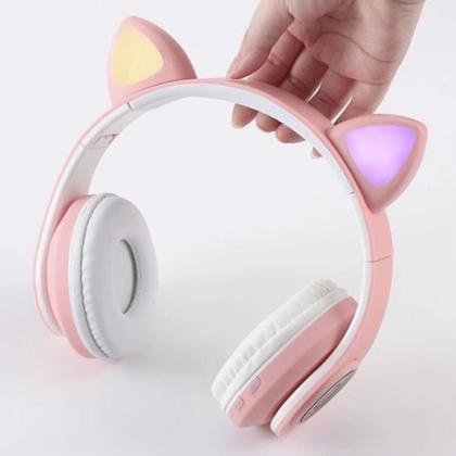 Imagem de Fone Bluetooth Infantil Gatinho LED Rosa Sem Fio