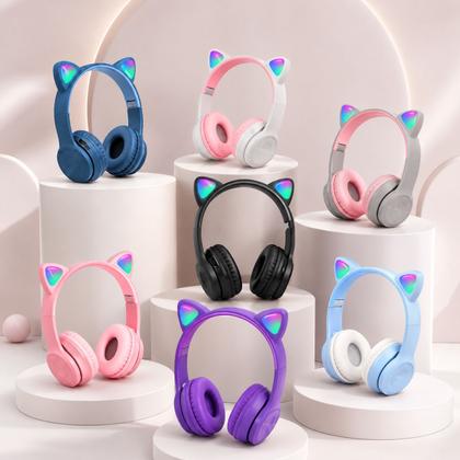 Imagem de Fone de Gatinho Orelha com Led Sem fio com Microfone de Gato Rosa