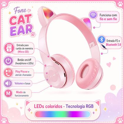 Imagem de Fone de Gatinho Orelha com Led Sem fio com Microfone de Gato Rosa