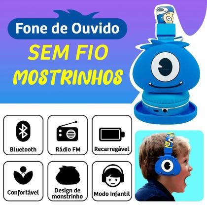 Imagem de Fone de Ouvido Bluetooth sem fio infantil Headphone monstrinhos para crianças 
