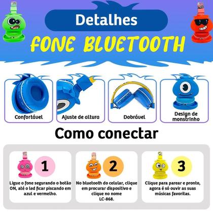 Imagem de Fone de Ouvido Bluetooth sem fio infantil Headphone monstrinhos para crianças 