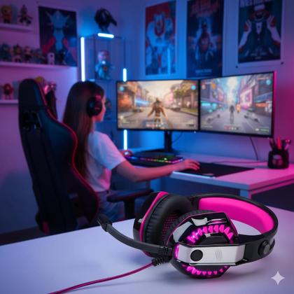 Imagem de Fone de Ouvido Gamer Rosa Oex 7.1 P3 Beast-xr confortavel